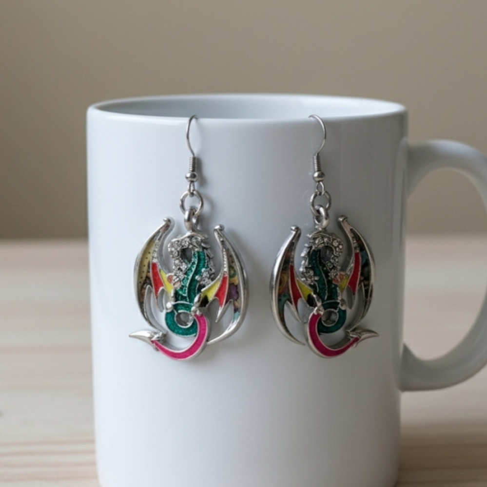 Dragon Dangle Earrings, Enamel Alloy Earrings, 3.3 cm. - Picture 2 of 8